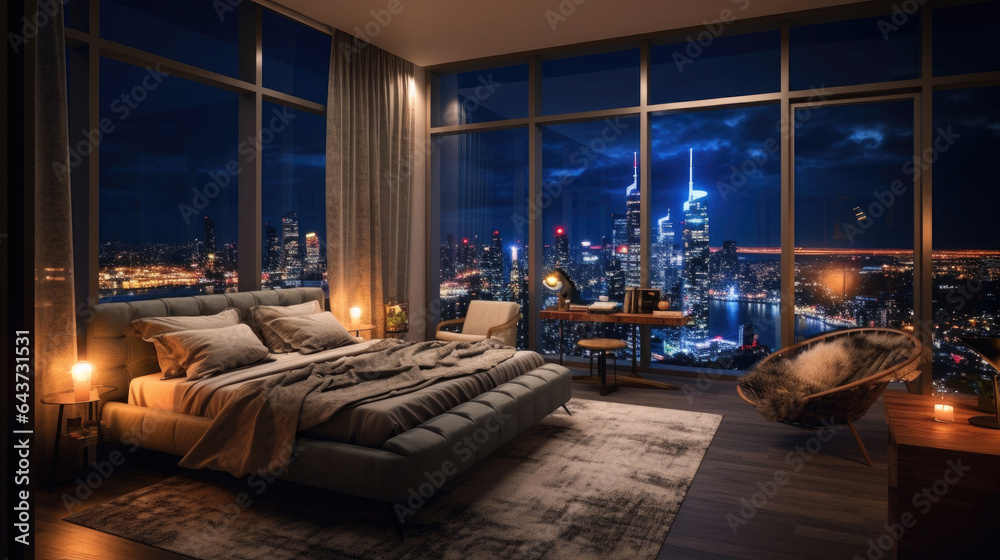 A room with a view of the city from the bed, penthouse bedroom at night. Generative Ai