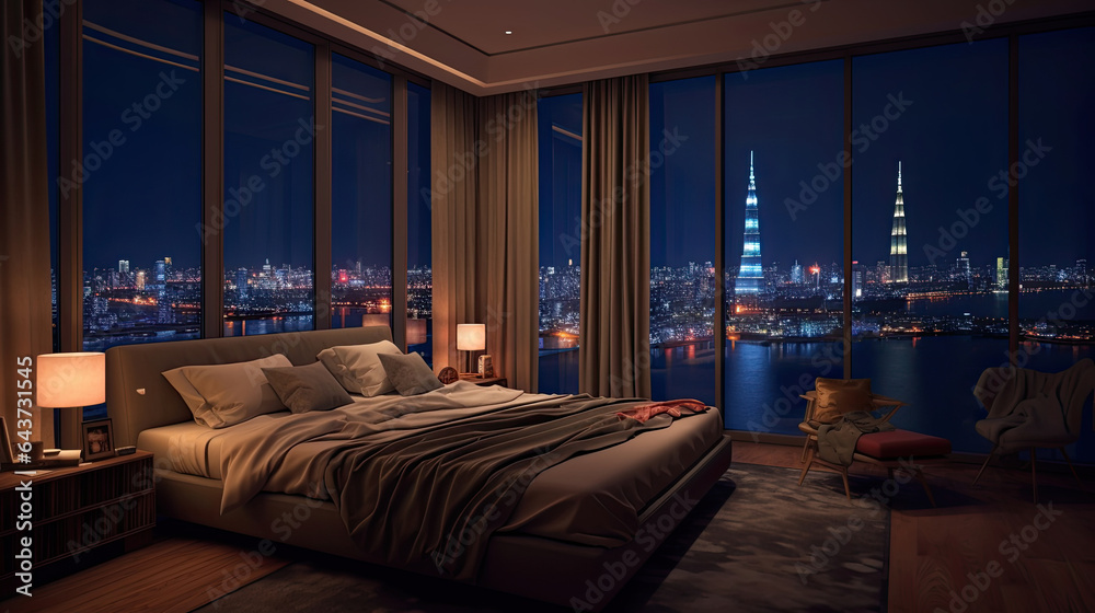 A room with a view of the city from the bed, penthouse bedroom at night. Generative Ai