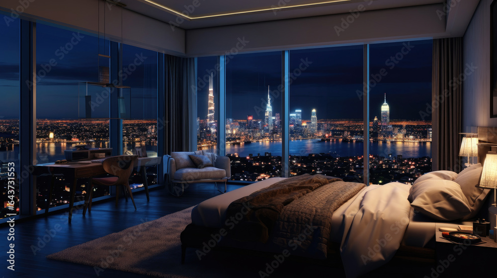 A room with a view of the city from the bed, penthouse bedroom at night. Generative Ai