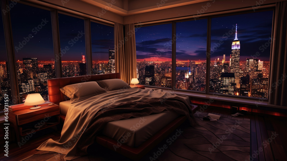 A room with a view of the city from the bed, penthouse bedroom at night. Generative Ai