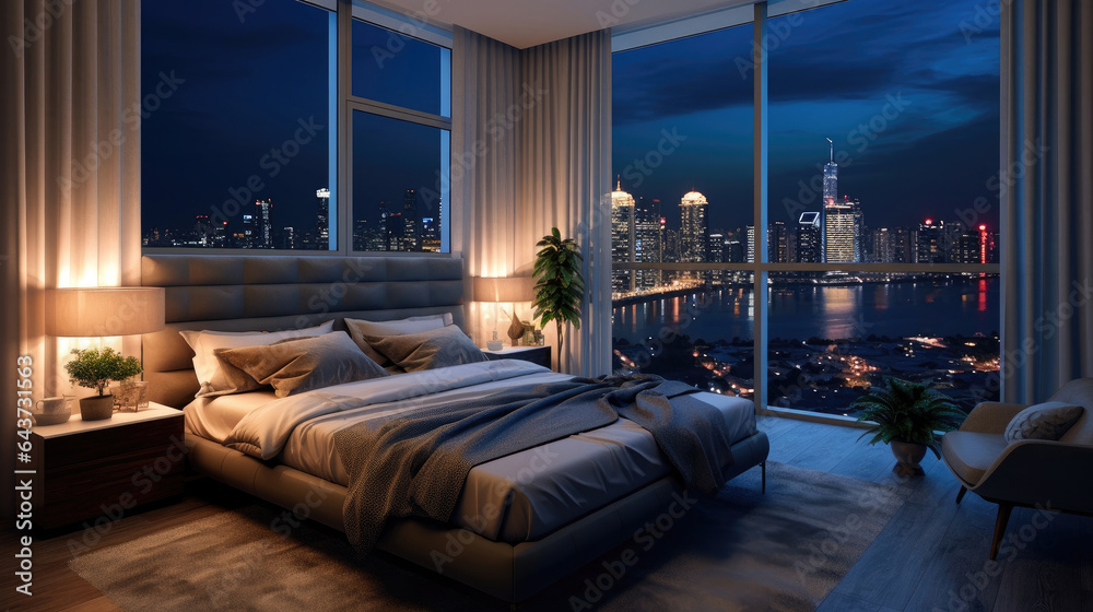 A room with a view of the city from the bed, penthouse bedroom at night. Generative Ai