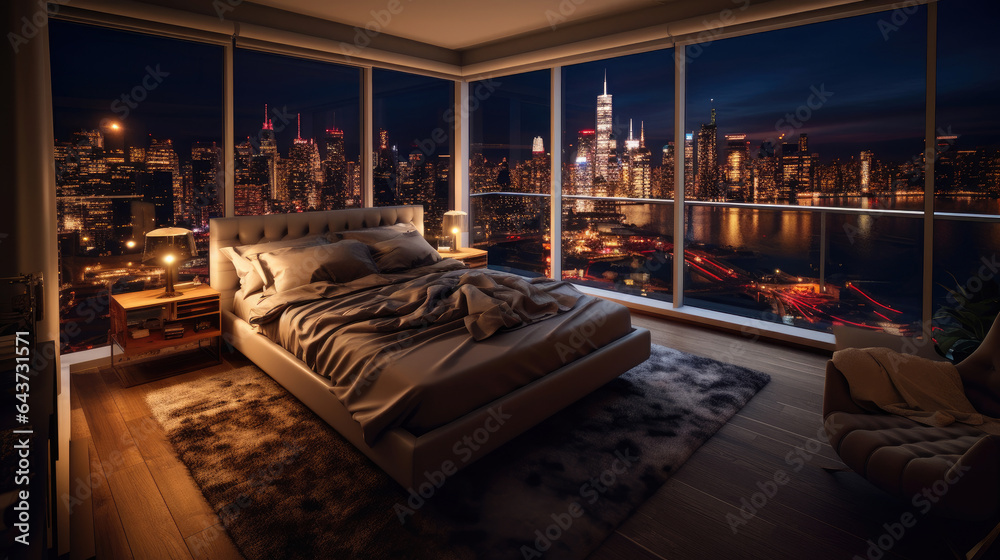 A room with a view of the city from the bed, penthouse bedroom at night. Generative Ai