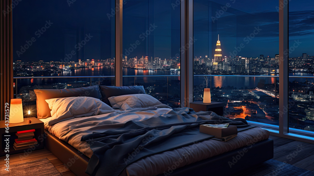 A room with a view of the city from the bed, penthouse bedroom at night. Generative Ai