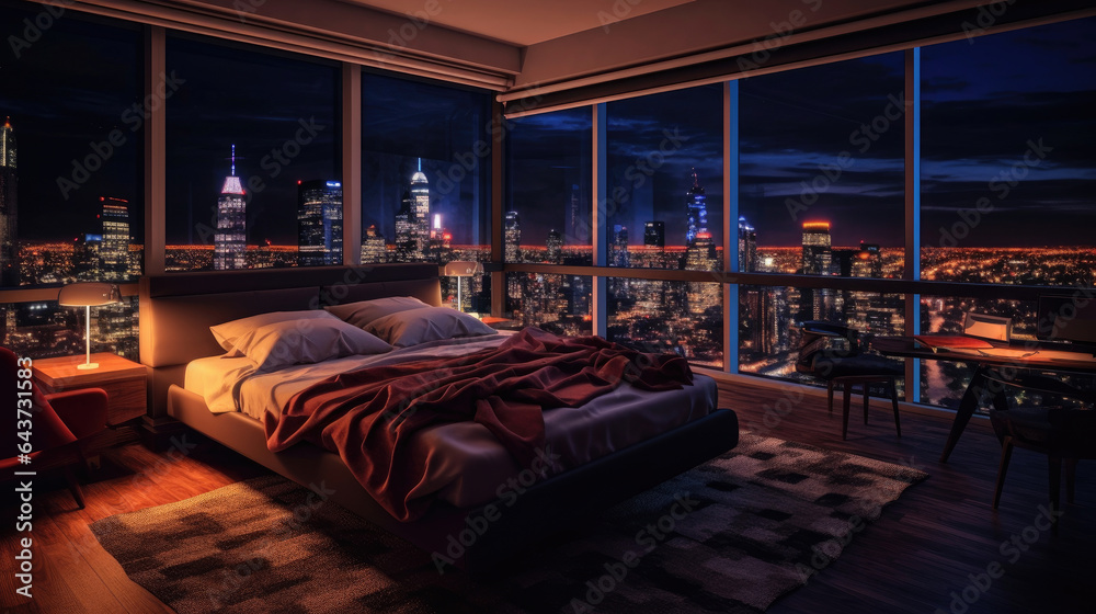 A room with a view of the city from the bed, penthouse bedroom at night. Generative Ai