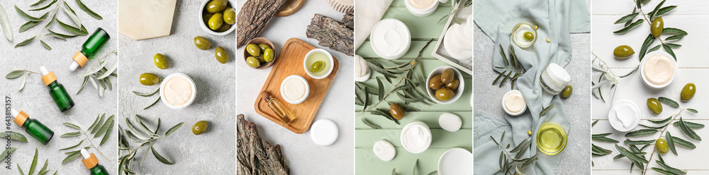 Collage of natural cosmetic cream and essential oil with olives, top view