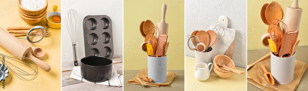 Collage of baking utensil on table