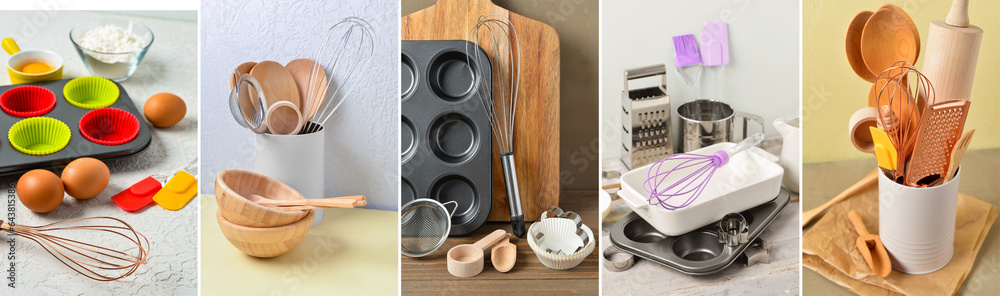 Collage of baking utensil on table