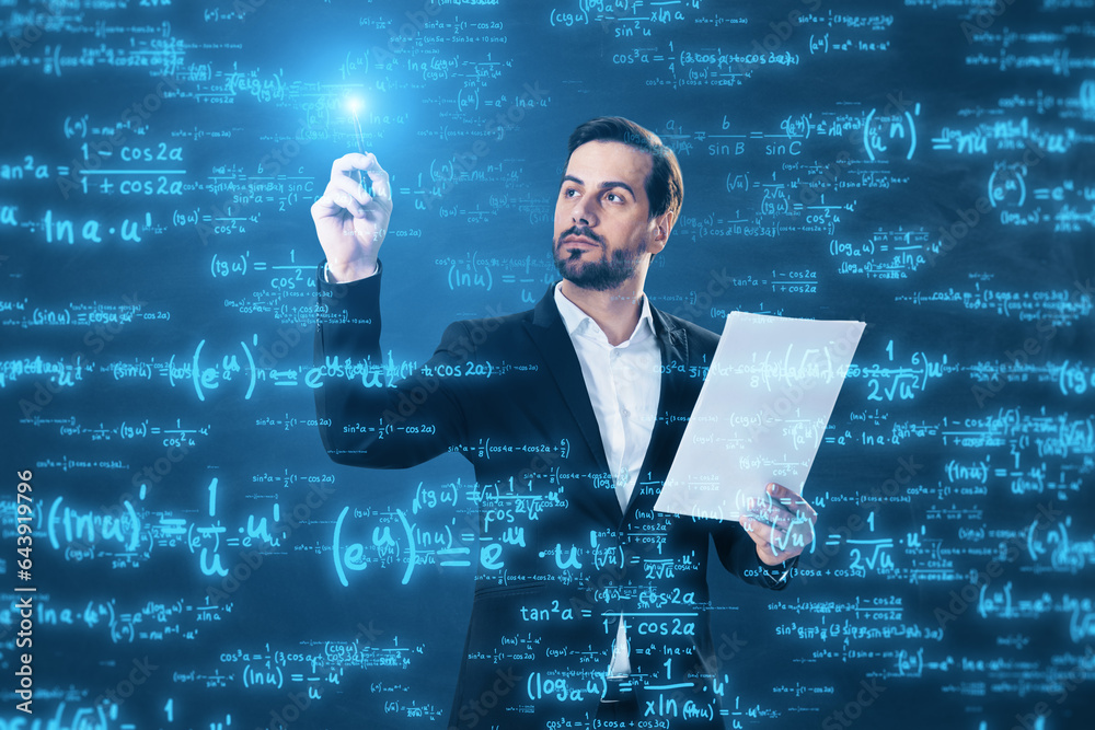 Front view of young european businessman with document in hand using glowing digital math formulas h