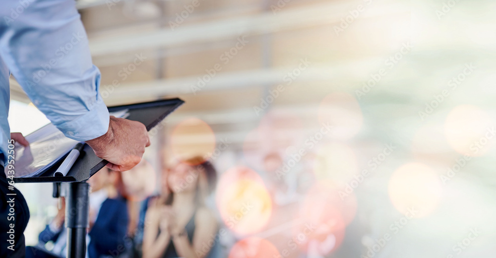 Person, speaker and podium in meeting, seminar or conference for training staff against a bokeh back