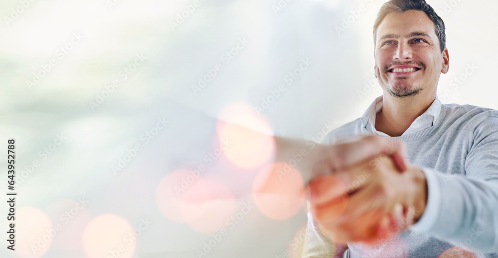 Mockup, handshake and businessman in a b2b meeting for onboarding, job search or contract agreement.