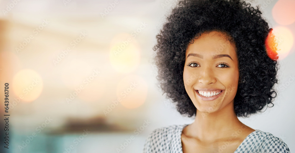 Portrait, designer and happy business woman in office, company or startup workplace bokeh. Face, smi