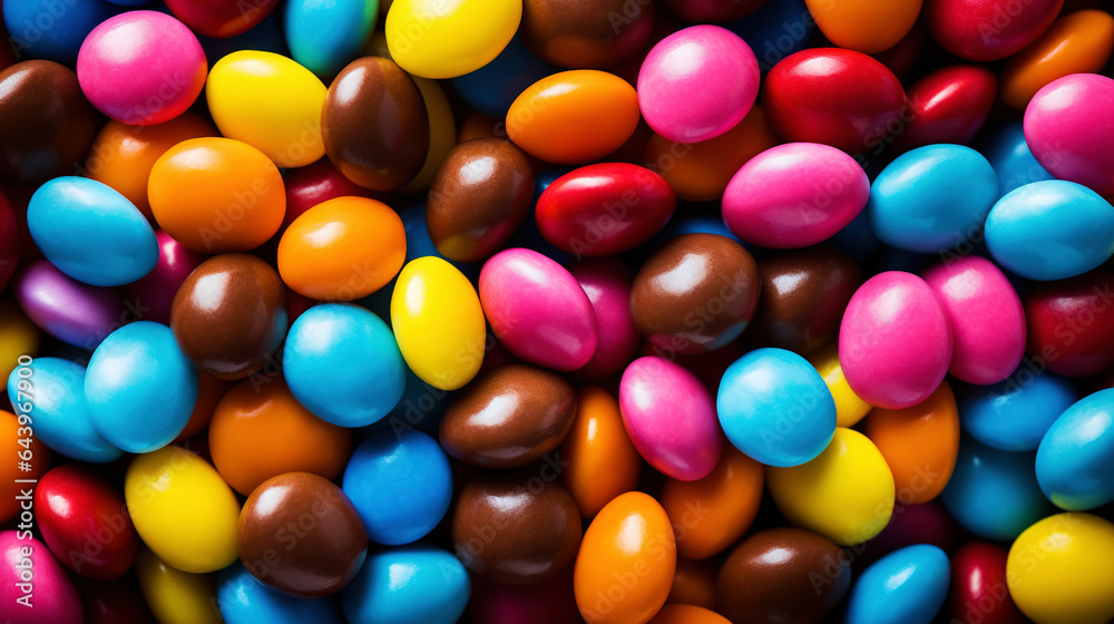 Close up of a pile of colorful chocolate coated candies. Candy background. Generative AI