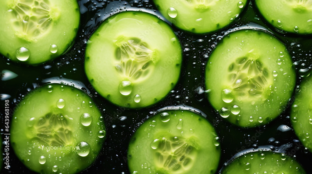 Fresh green cucumber slices with water drops background. Vegetables backdrop. Generative AI