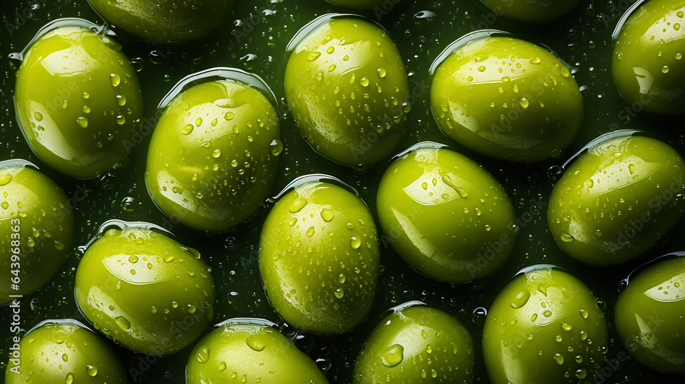 Fresh green olives with water drops background. Vegetables backdrop. Generative AI