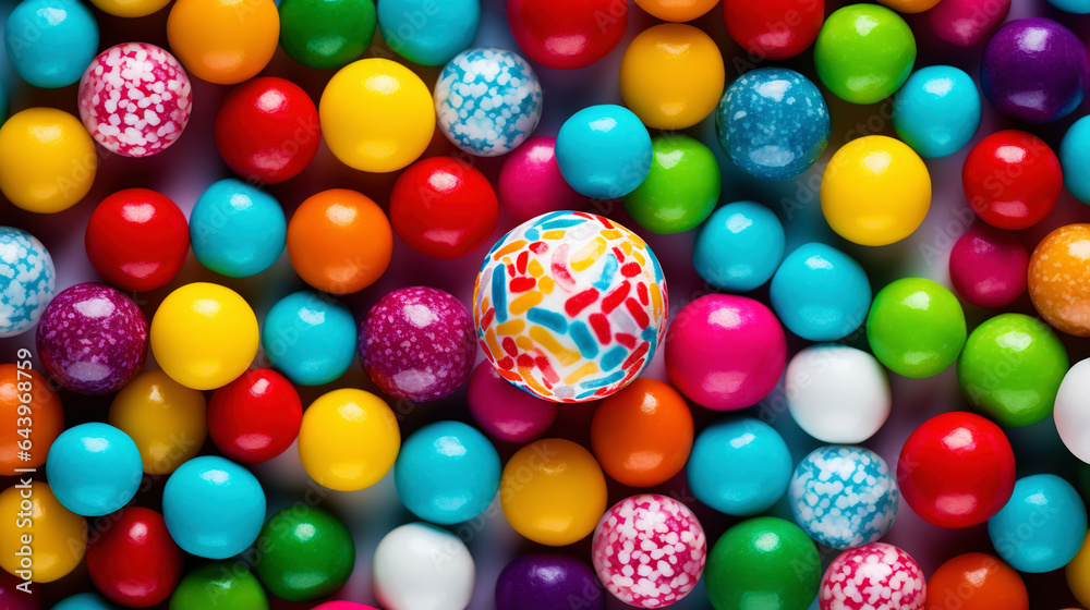 Top view on large colorful jawbreaker candies background. Gum colorful balls. Generative AI