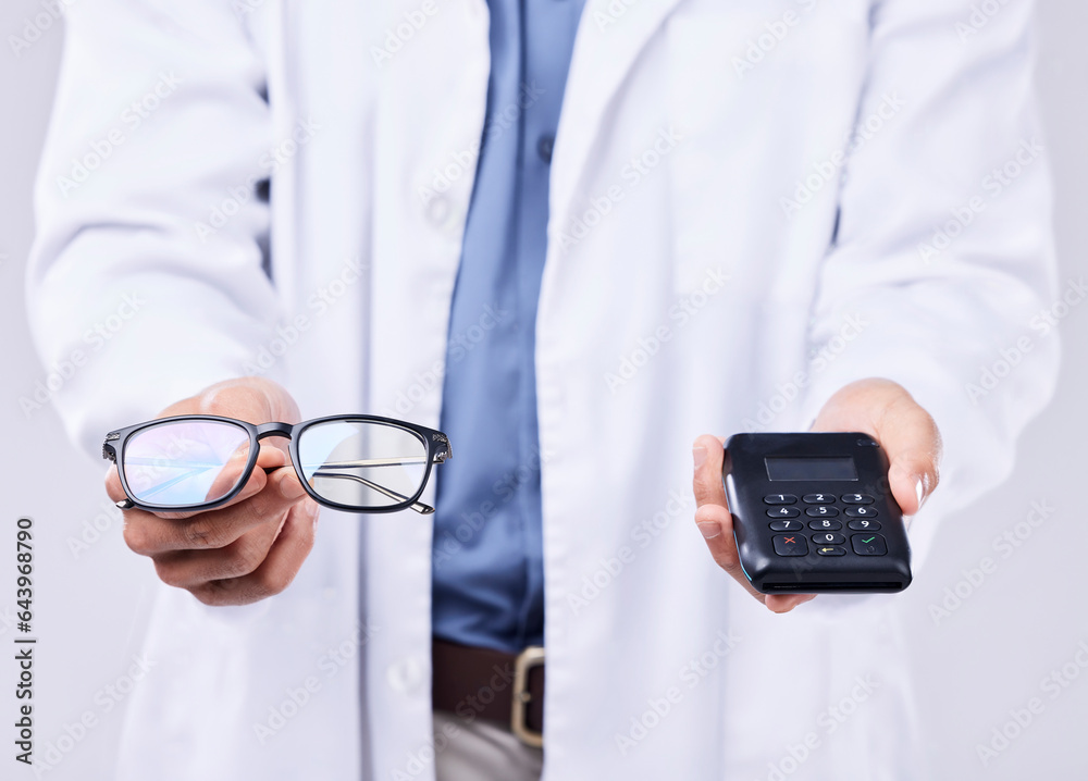 Hands, glasses and machine for pos payment, healthcare and sales for optometrist by white background