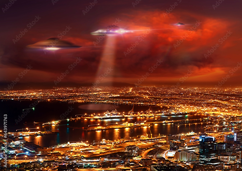 UFO, city and spaceship with invasion, lights and alien with contact, science fiction or mystery. Ma