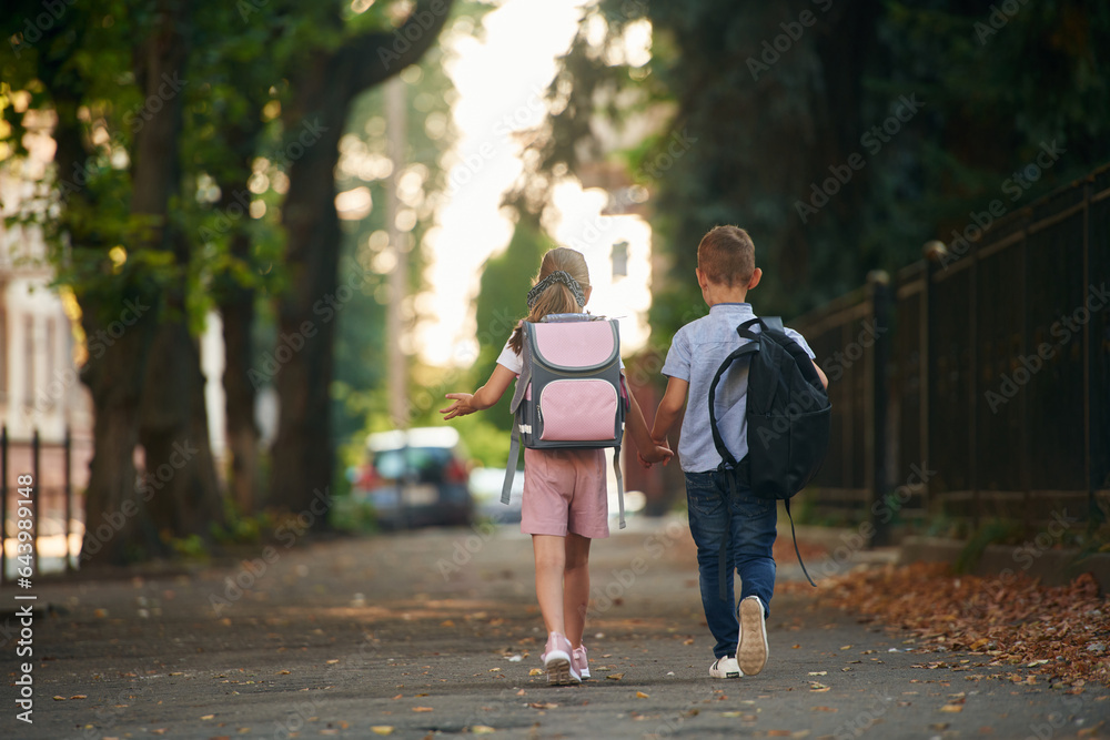 Back view, walking. Young school children of boy and girl are together outdoors