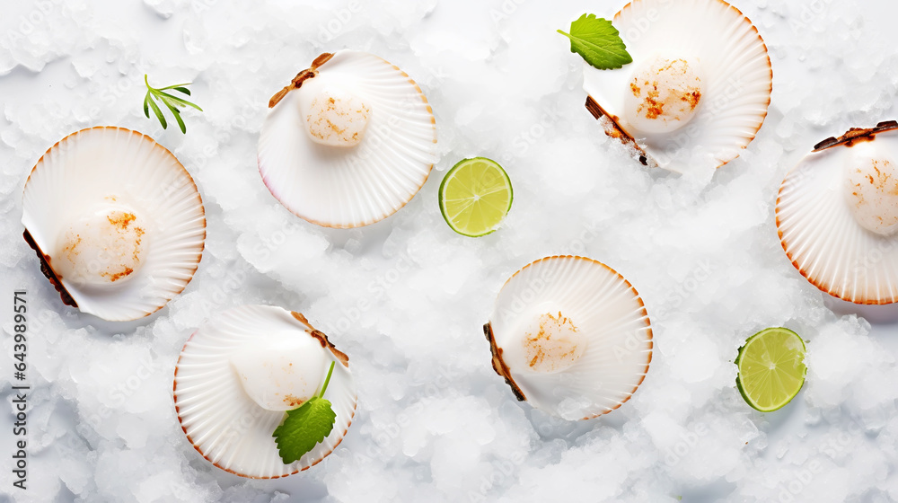 Raw fresh scallops on ice cubes. Seafood background. Generative AI