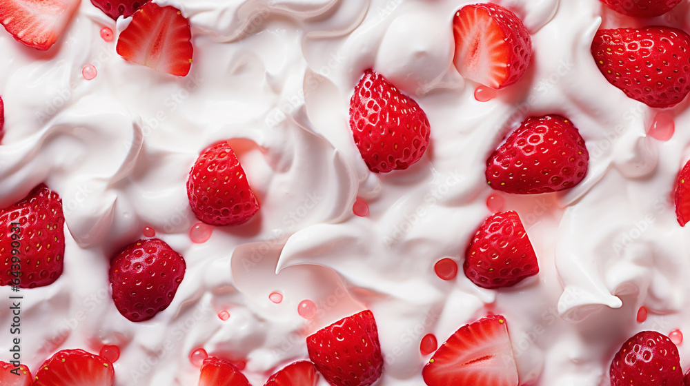 Yogurt and fresh strawberries, background. Top view. Generative AI