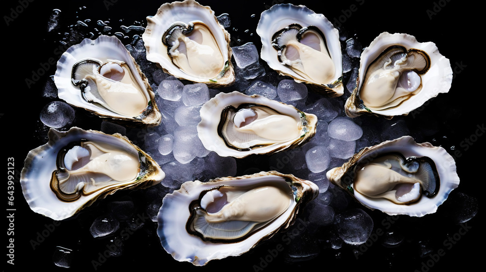 Top view on fresh oysters laying on crushed ice. Seafood background. Generative AI