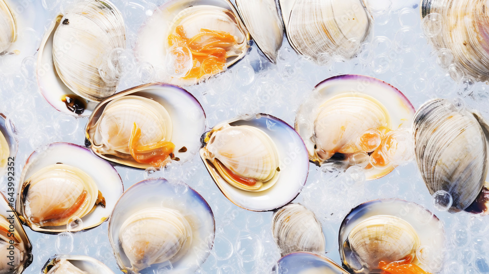 Top view on fresh clams in ice cubes. Sea food background. Generative AI