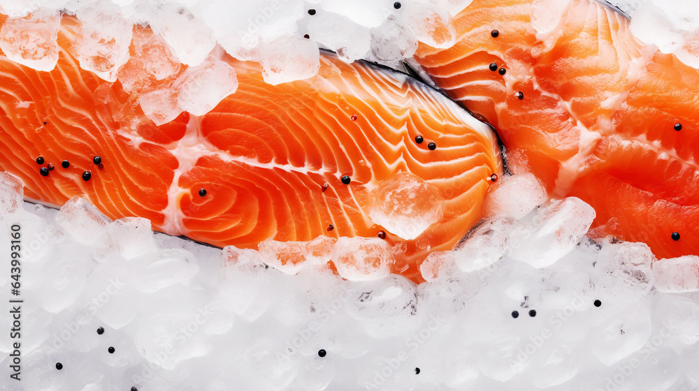 Fresh salmon fillet on ice. Red tasty fish meat. Seafood background. Generative AI