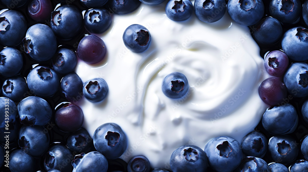 Yogurt and fresh berries blueberries, background. Top view. Generative AI