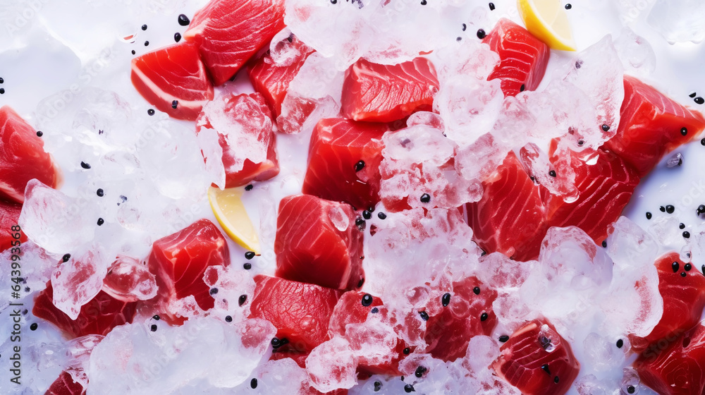 Slices of tuna fish on the ice cubes. Fresh fish fillet. Seafood background. Generative AI