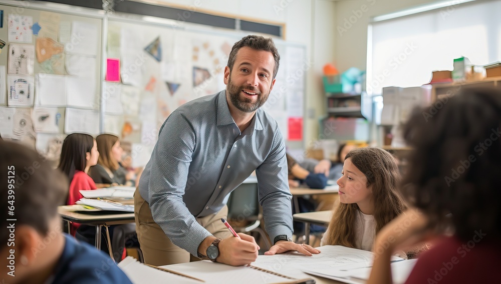 Portrait of a teacher and his students in a classroom at school