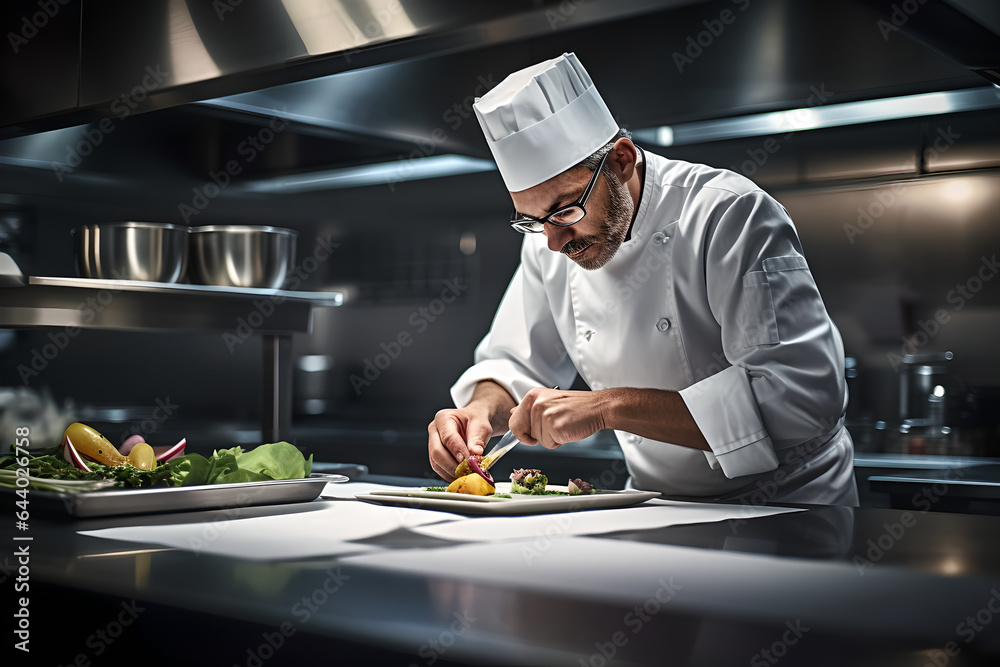 Professional chef cooking in a restaurant kitchen, man chef concentrated while preparing food in the