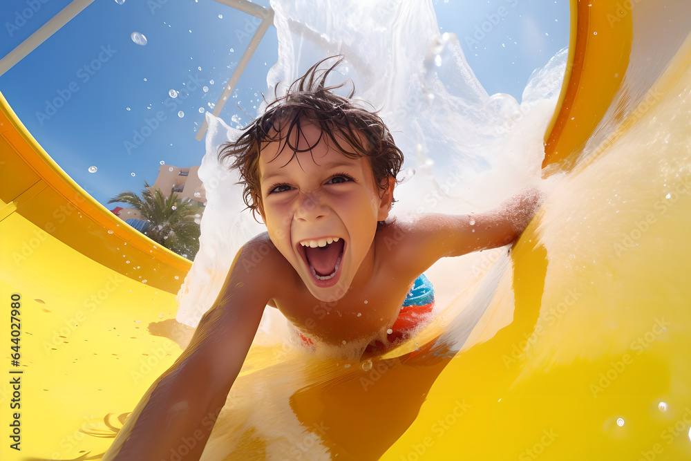 Happy boy going down the water slide in the water park, joyful children having fun splashing into po