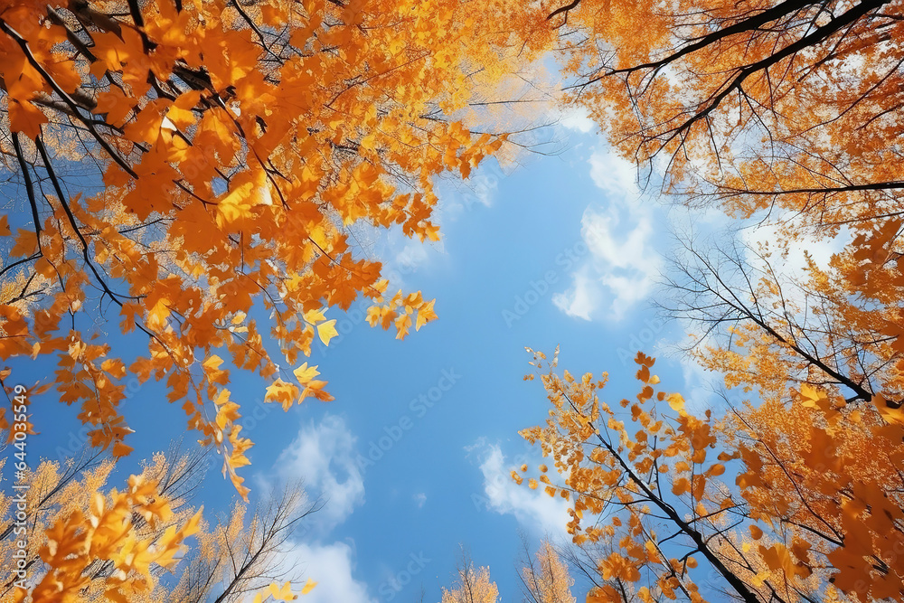 Trees in fall park from below, yellow tops of trees, blue sky background