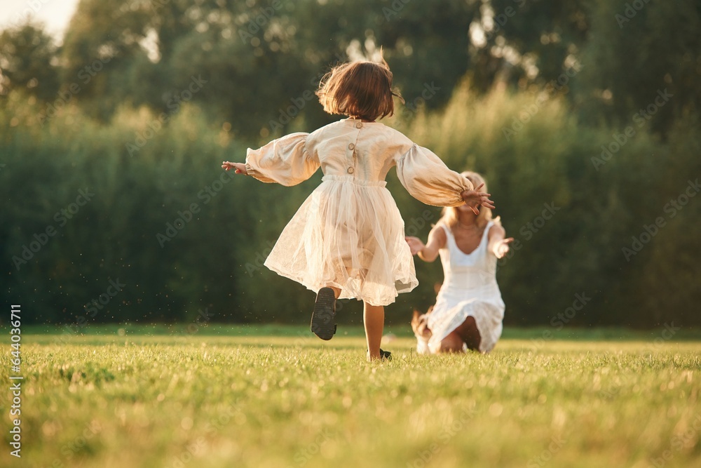 Woman with her daughter is on the summer field