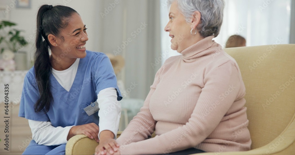 Medical, holding hands and happy with nurse with old woman on sofa for empathy, support and trust. H