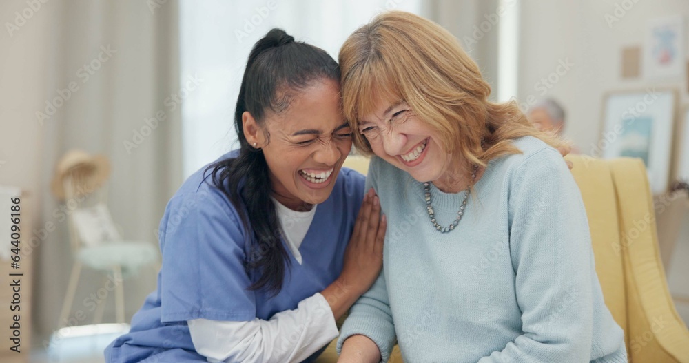 Medical, support and laugh with nurse with old woman on sofa for empathy, volunteer and trust. Healt