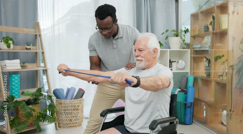 Senior man with disability, physiotherapist and stretching band for muscle rehabilitation, chiroprac