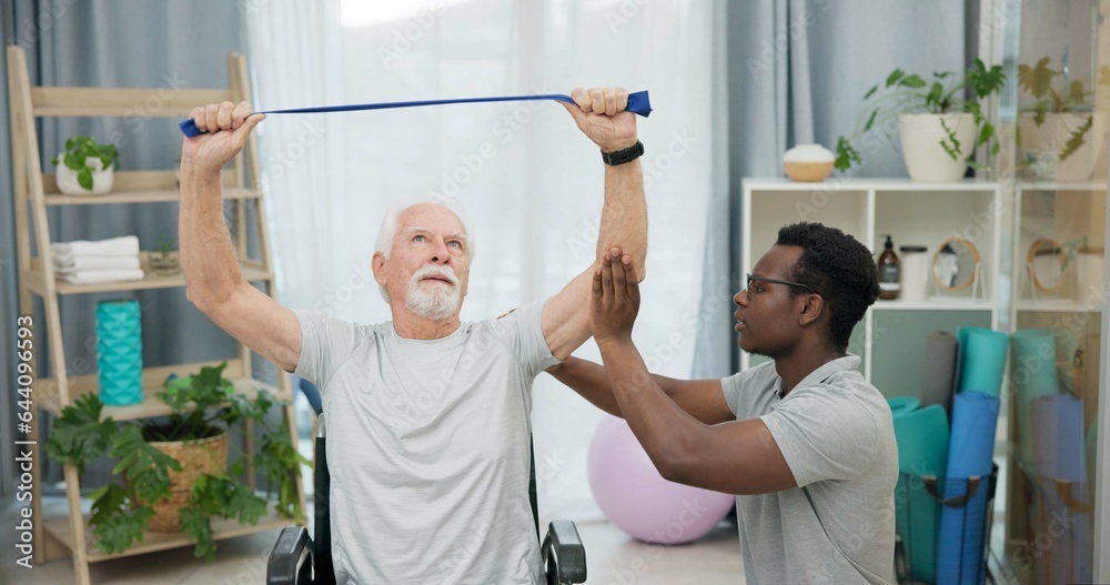 Man with disability, physiotherapist and stretching band for healthcare rehabilitation, consulting a