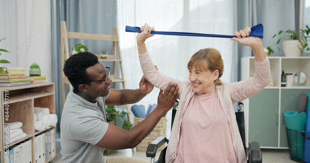 Happy senior woman with disability, physiotherapist and stretching band for muscle rehabilitation at