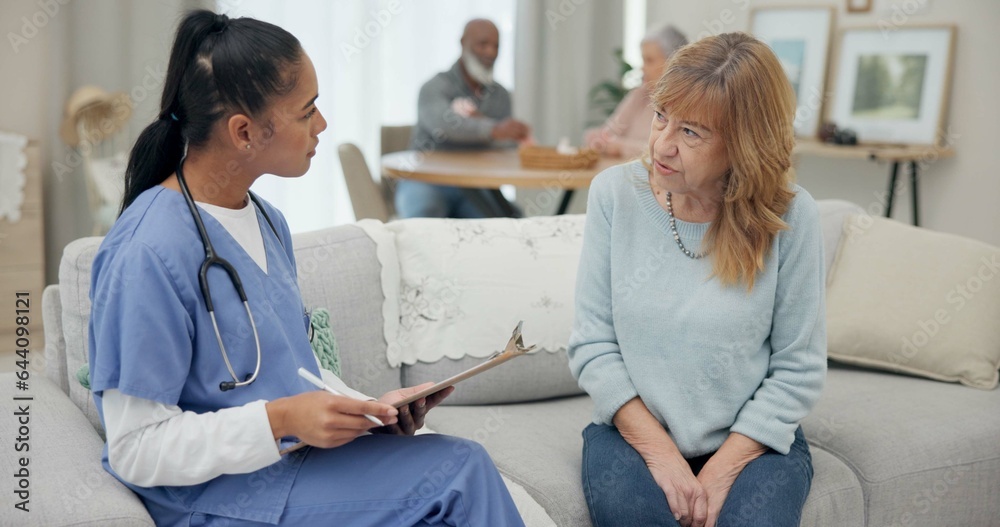 Senior woman with nurse, questions and clipboard with caregiver and elderly care, checklist and heal