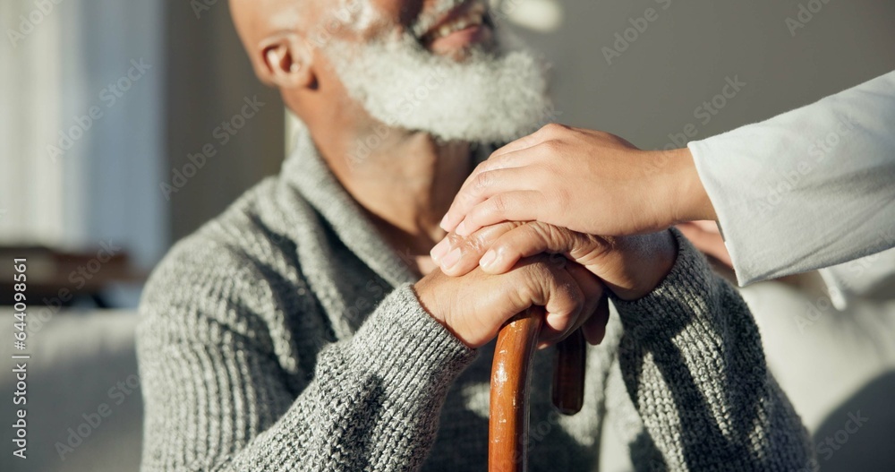 Support, walking stick and hands of senior man with a cane for help, support and old age caregiver c