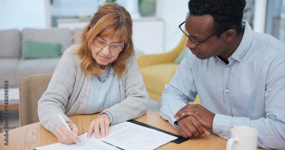 Woman, insurance deal and contract with financial advisor and retirement plan to sign. Document, fem