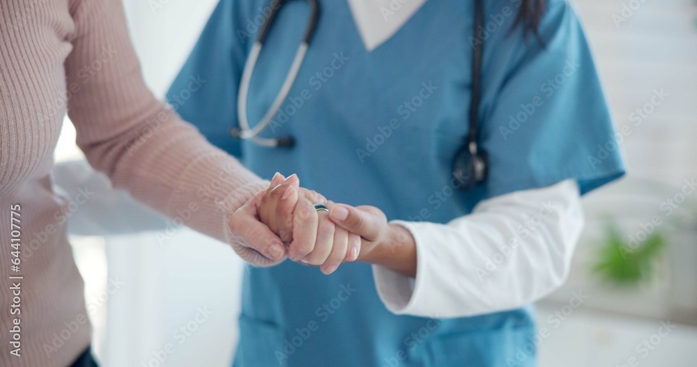 Nurse, disabled and old person holding hands for walking support, elderly care or movement disabilit