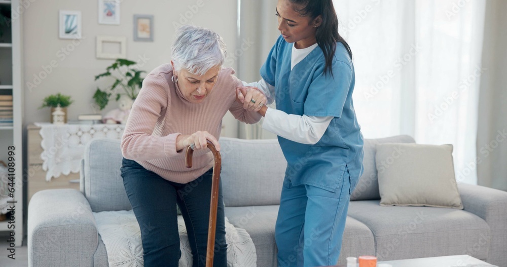 Caregiver support, disabled and old woman with walking stick for help, senior wellness care or old a