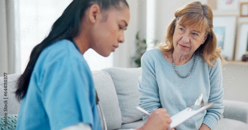 Clipboard, senior woman talking or nurse writing answers, ask question or check healthcare info, med