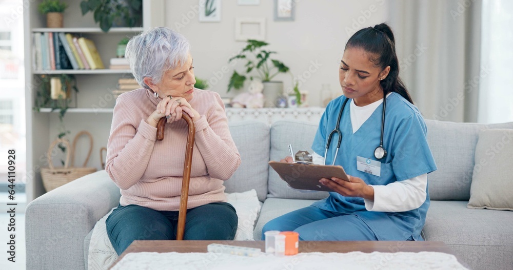 Clipboard, senior woman and nurse talking, ask question or writing client info, medical summary or h