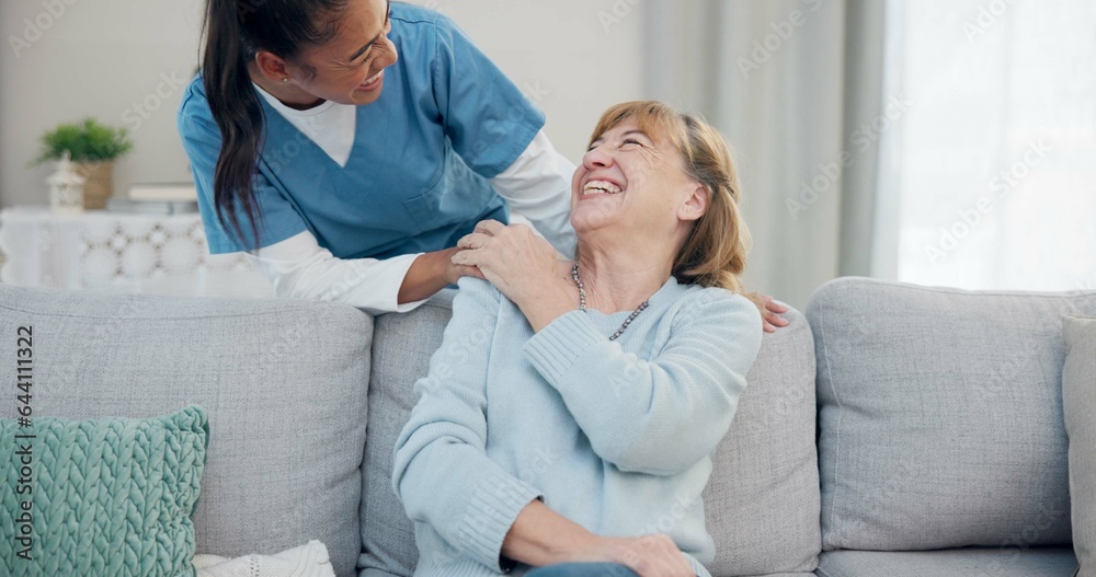 Caregiver, conversation and elderly woman laughing at funny joke, senior care humour or health servi