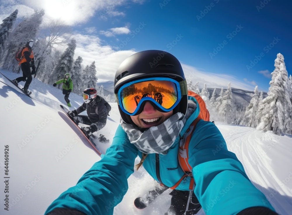 A woman wearing an orange jacket is selfieing on a snowy slope