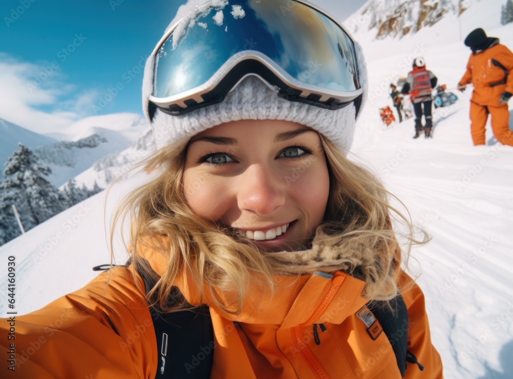 A woman wearing an orange jacket is selfieing on a snowy slope