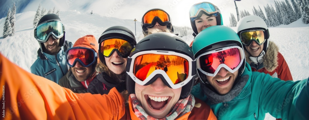 A group of skiers wearing ski goggles and gloves